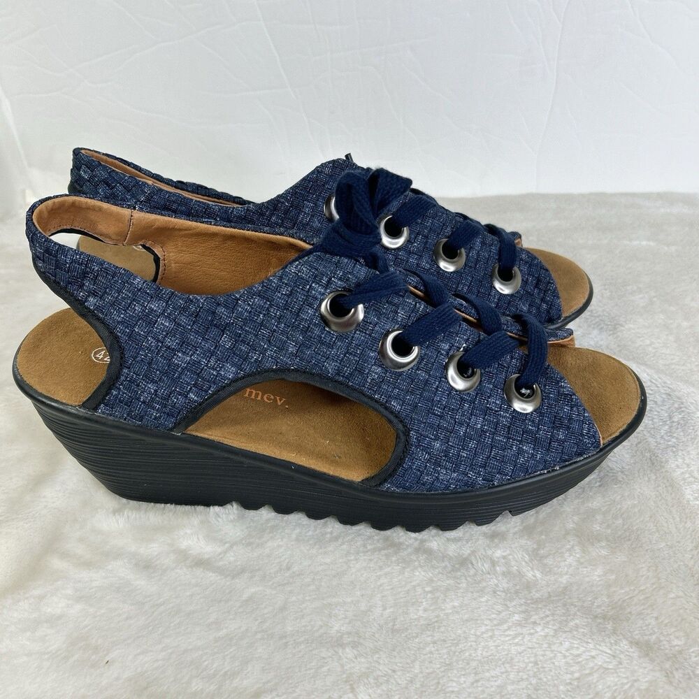 Bernie Mev Marcelo Size 42/11 Lace-up Woven Wedge Sandals in Navy Blue